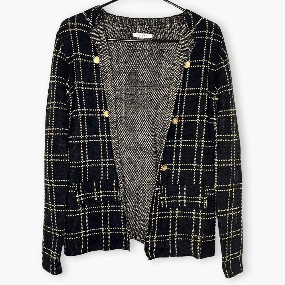 Sioni Womens Sweater Small Black Gold Knit Open Cardigan Long Sleeve Buttons